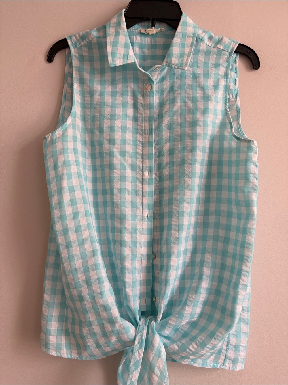 Sleeveless Button-Down Tie-Front Top - Aqua Gingham